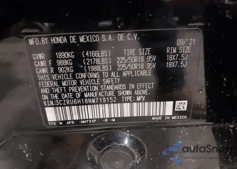 2022 Honda Hr-V Awd Sport из США, поврежденный, VIN 3CZRU6H18NM719152